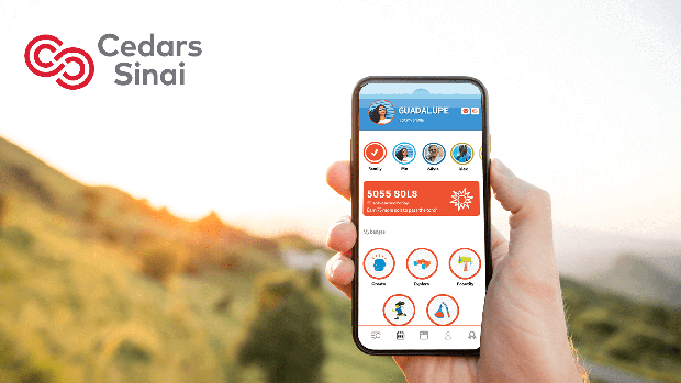 Cedars-Sinai logo - Photo of a person holding a phone on the side of a mountain. On screen are a few representations of progress towards exercise goals.